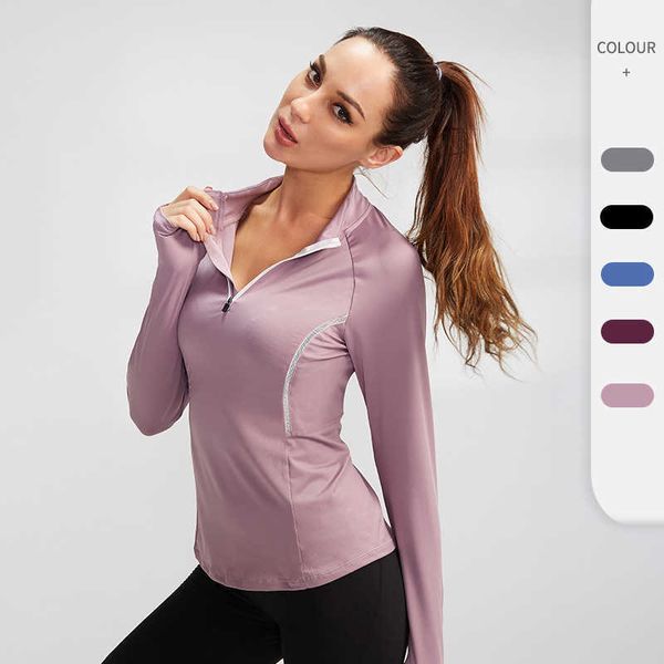 Womens Sports Tops de manga comprida Fitness Running Yoga Camisa Terno de alta calça elástica alta Camiseta rápida Camiseta em pé Sweater de colarinho