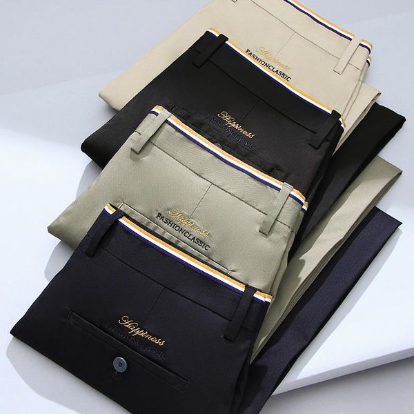 

men's pants 4 colors classic khaki straight-leg thin casual embroidery decoration stretch cotton brand trousers male,8159b, Black