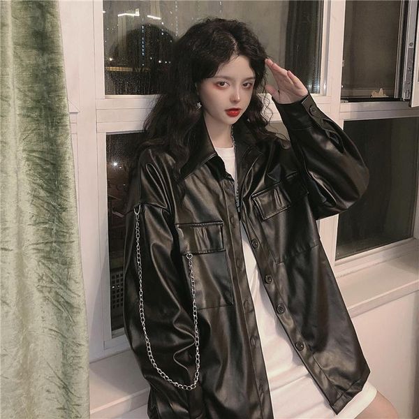 

women's leather & faux jacket black moto biker zipper y2k coat winter fashion