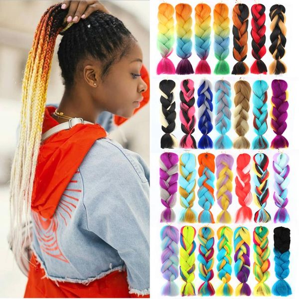 

human ponytails liangmo hair 1pc 24" 100g/pc ombre jumbo braids crochet synthetic braiding extension yaki bulk red green rasta color, Black