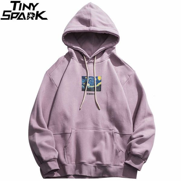 

men hip hop hoodie sweatshirt van gogh starry night print streetwear pullover autumn cotton harajuku hooded hoodie purple 210707, Black