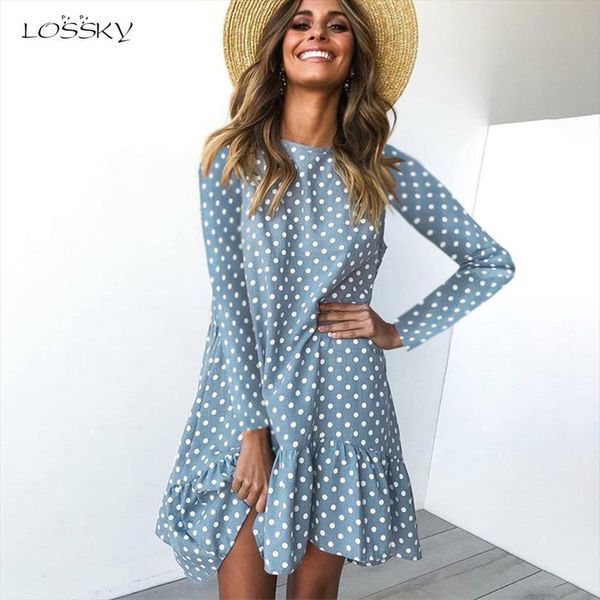 

spring fashion polka dot women dress print casual clothing long sleeve mini short loose yellow dresses autumn, Black;gray