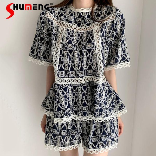 

women's tracksuits 2021 summer ladies korean hollow out embroidery short sleeve women high waist casual wide-leg shorts fashion two-pie, Gray