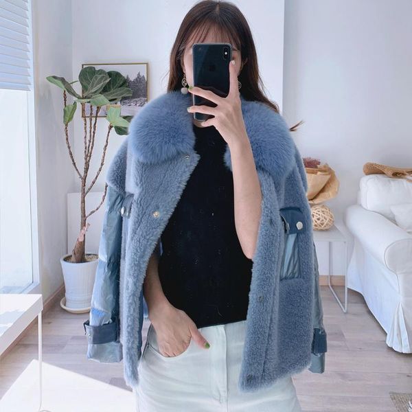 

women's fur & faux real coat female 100% wool winter women collar sheep shearling korean down jacket 919150, Black