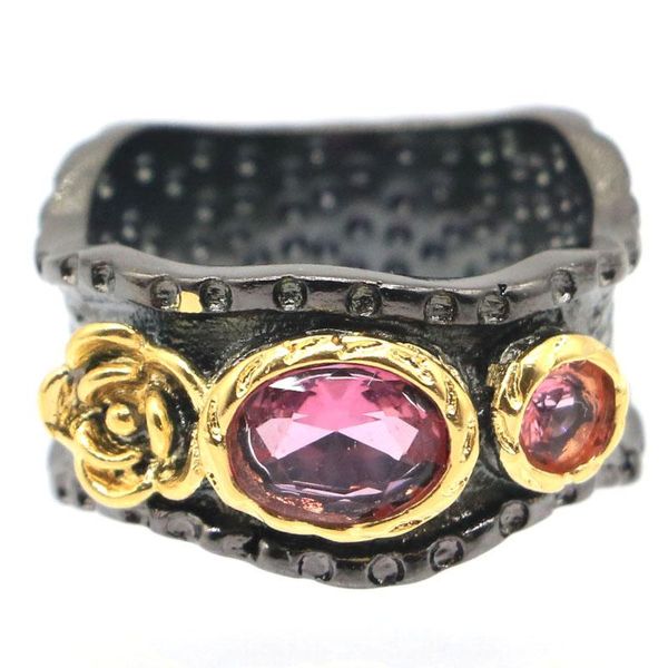 

cluster rings 23x12mm sublime antique vintage created pink tourmaline gift for ladies black gold silver, Golden;silver