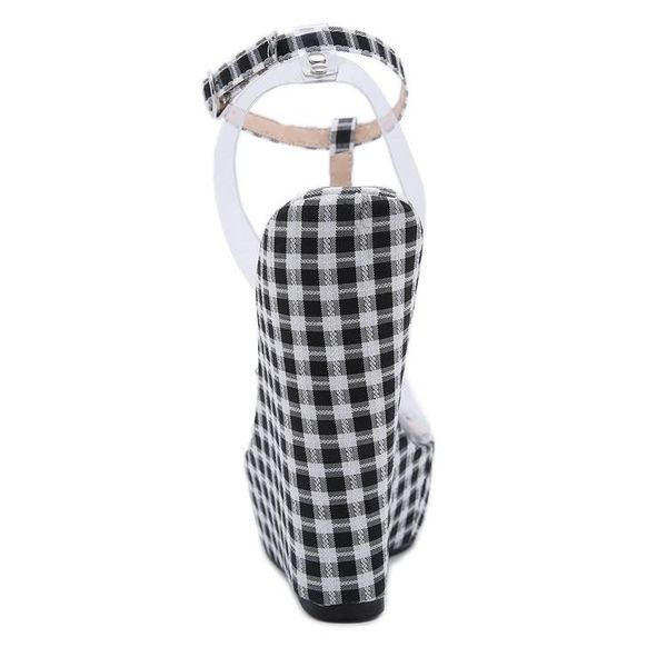

dress shoes fashion gingham thick bottoms wedge sandals femme ankle buckle strap platform high heels pvc transparent women, Black