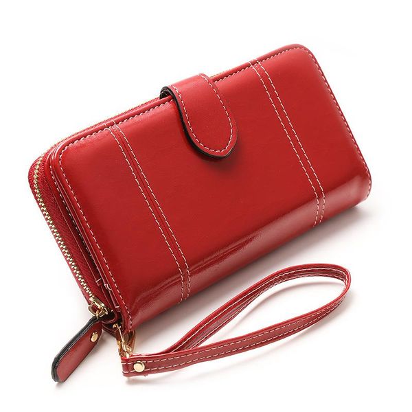 

wallets 2021 oil wax leather zipper ladies wallet retro multifunctional buckle change pu clutch, Red;black