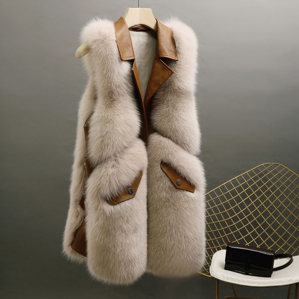 

2021 new spring without sleeves suit medium-sized neck shredded skin length of fake artificial leather grass mz120 fu dpgc, Black;brown