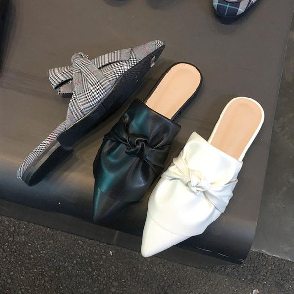 

smartdiaper bag head drag 2021 chun xin tip lattice ban tuo xie female flat fold bow women outer wear slippers, Black