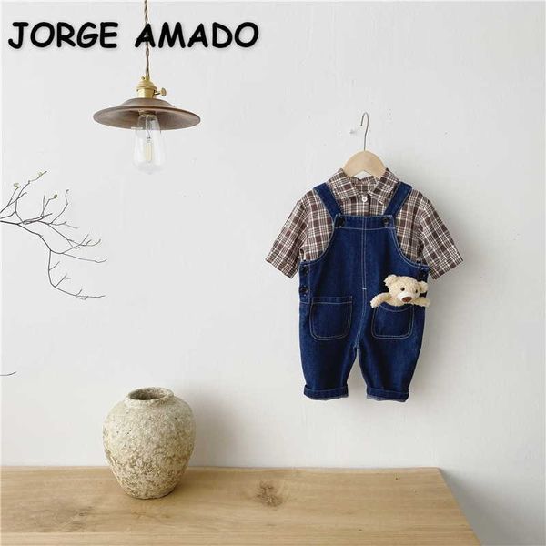 Großhandel Sommer Baby Jungen Mädchen 2-tlg Sets Lange Ärmel Kariertes Hemd + Jeans Overalls Kinder Outfits E5053 210610