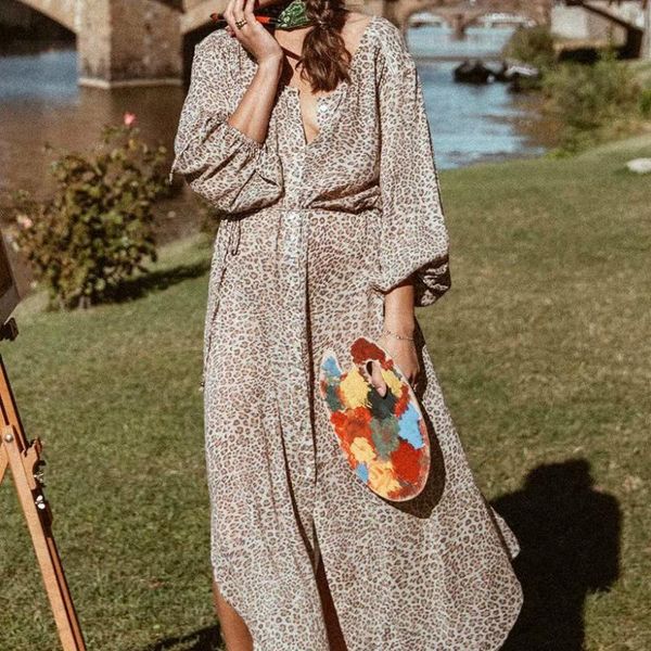 

casual dresses happie queens women leopard print lace-up beach bohemian maxi dress ladies long sleeve rayon cotton boho vestidos, Black;gray
