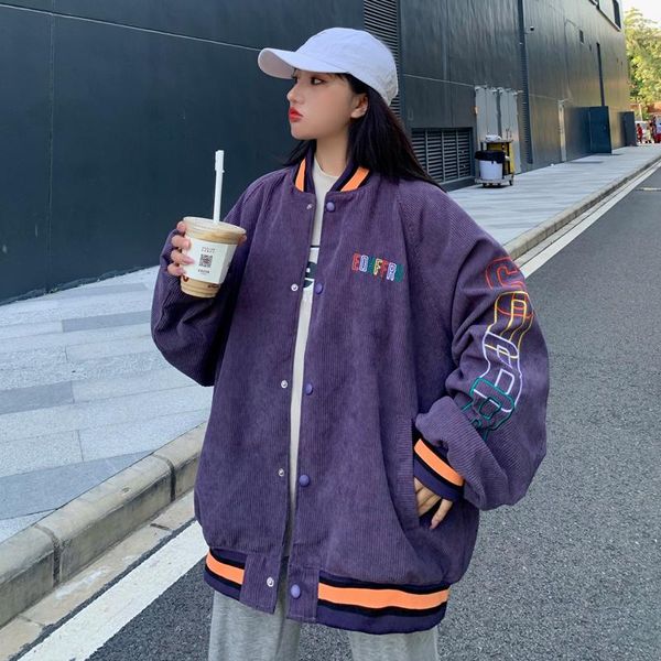 

women's jackets women 2021 fashion embroidery corduroy baseball uniform jacket coat vintage stand collar long sleeve female outerwear c, Black;brown