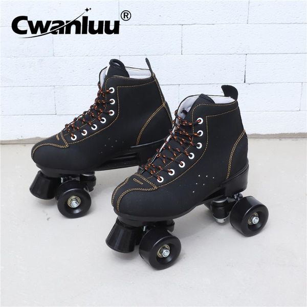 

inline & roller skates black lether woman shoes 4-wheels lace-up outdoor patines for beginner kids training europe size 36-45