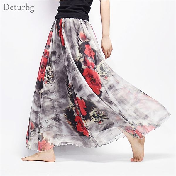 

women fashion florals print long skirt female boho style elastic high waist chiffon casual beach skirts saias 19 color summer 210629, Black