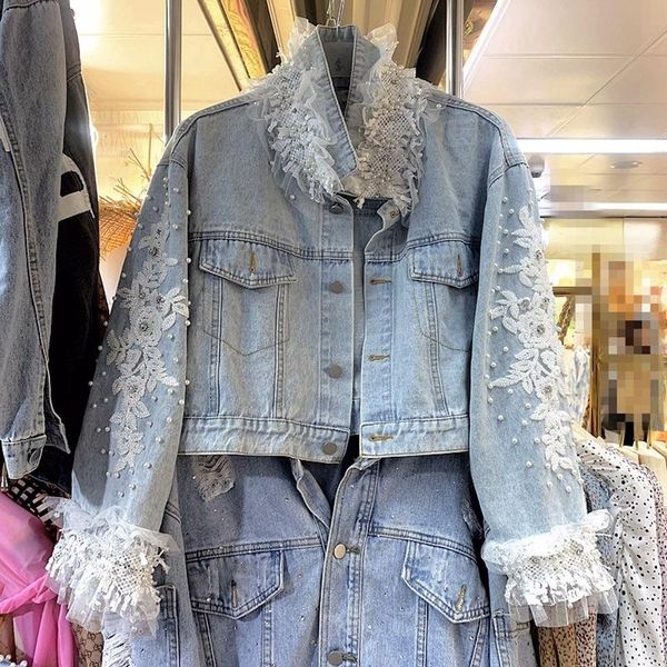 

women's jackets thai wear collar, sleeve, embroidery, lace and lace, denim coat trend brand in spring autumn 2021, Black;brown