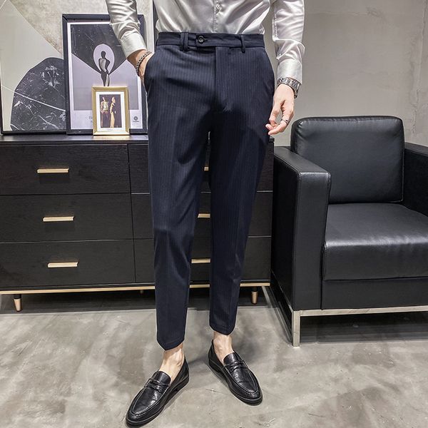 

2021 autumn winter men's striped dressed in business fine office formal social pants wedding 38 vs76, Black