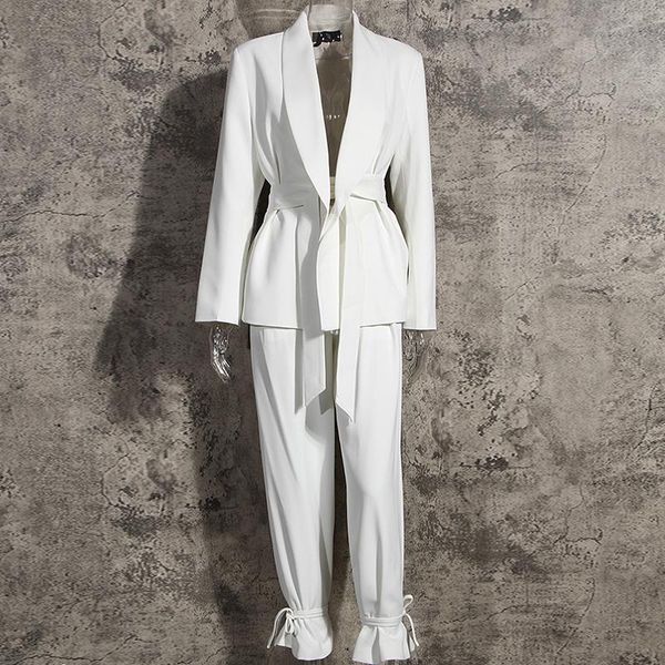 

women's two piece pants set women blazer+high waist wide leg reversible, White