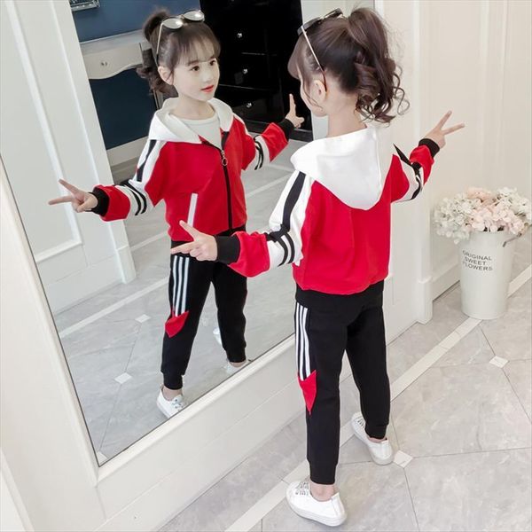 

active girl striped hooded clothes set teen tracksuit spring autumn long sleeve 2pcs children suits little sets3 12t years, White