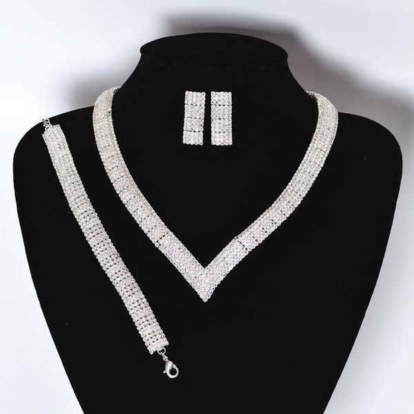 

earrings & necklace 2021 whole drill snake chain rose gold platinum woman jewelry set fashion celebrity banquet open ring, Silver