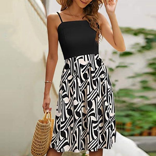 

casual dresses women's print summer dress spaghetti strap flower temperament sleeveless streetwear square collar all-match maxi, Black;gray