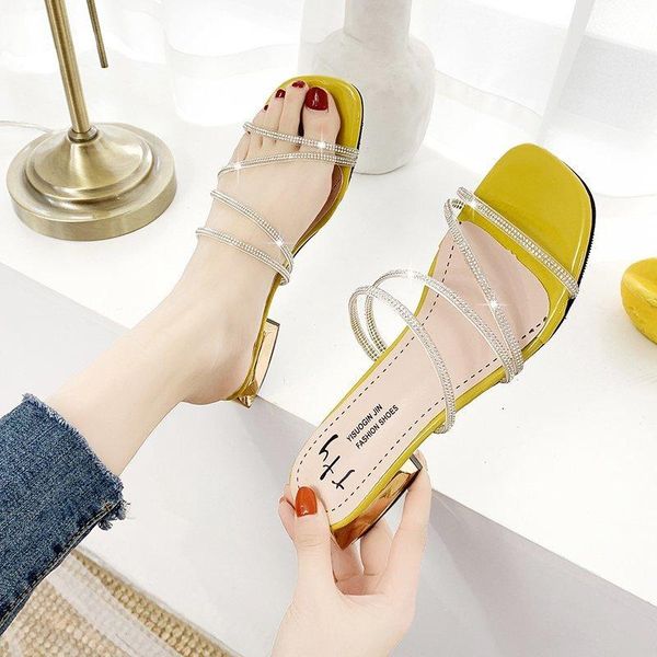 

slippers summer woman's fashion high heels crystal open toe outdoor sandals rhinestones solid color yellow 2021, Black