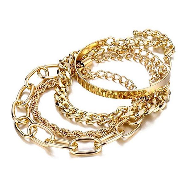 

charm bracelets 4pcs punk curb cuban chain set for women men miami boho thick gold color bangles adjustable jewelry, Golden;silver