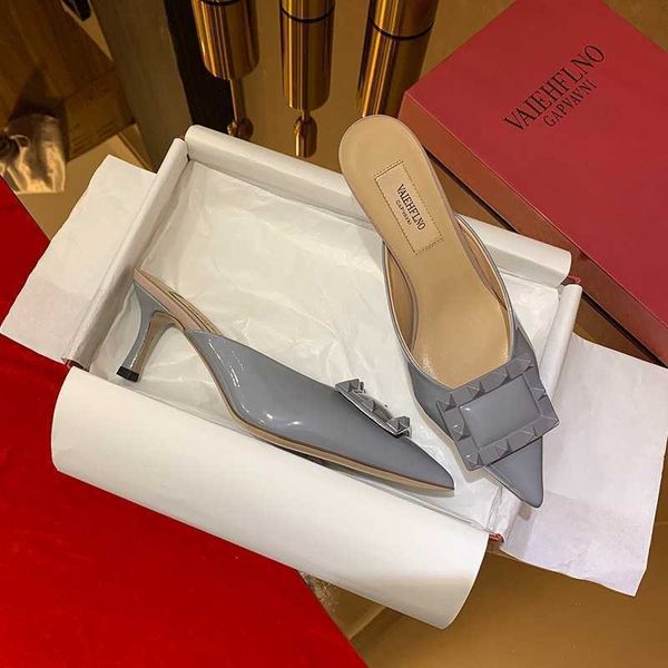 

v family new rivet square button baotou half slippers high heeled shoes thin heeled women's pointed sandals no heel lazy shoes zlh, Black