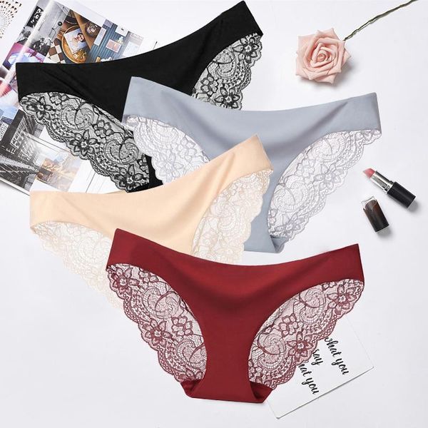 

women's panties 3pcs/lot women lace briefs ice silk seamless pants girls underwear lingerie transparent underpants thong #d, Black;pink