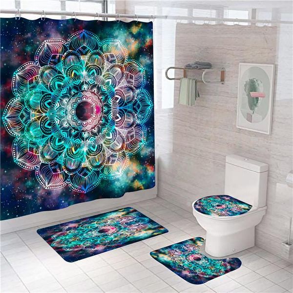 

shower curtains bohemia geometric print curtain set bath mats rugs 4pcs bathroom with hooks pedestal rug toilet lid cover modern