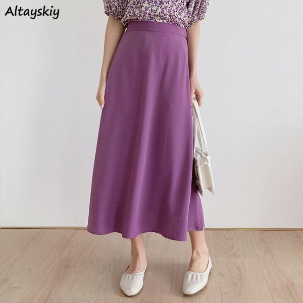 

skirts womens summer solid a-line mid-calf elastic high waist elegant feminine comfy soft korean style female ins all-match 2021, Black