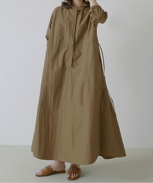 

casual dresses de0014 single-breasted pullover ankle-length dress elegant fashion women oversized lapel loose shirring solid robe femme, Black;gray