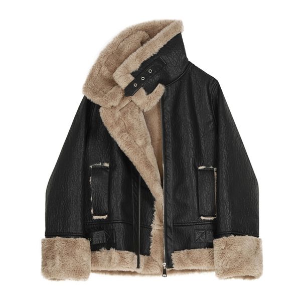 

fashion faux fur coat women leather jacket autumn winter warm plush thick outerwear ladies wool fur collar zipper basic jackets 211215, Black