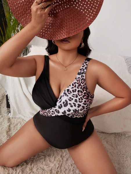 

plus leopard wrap one piece swimsuit b6fr#, Black