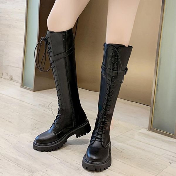 

boots fashion lace up pu leather knee high women punk buckle platform motorcycle woman square heel long booties, Black