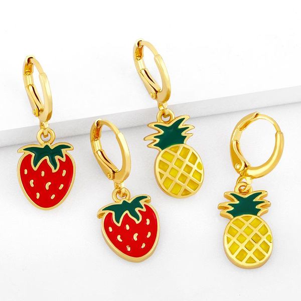 

hoop & huggie fashion jewelry brass earrings summer colorful enamel fruit circle earring pineapple strawberry kiwi pendientes brincos, Golden;silver