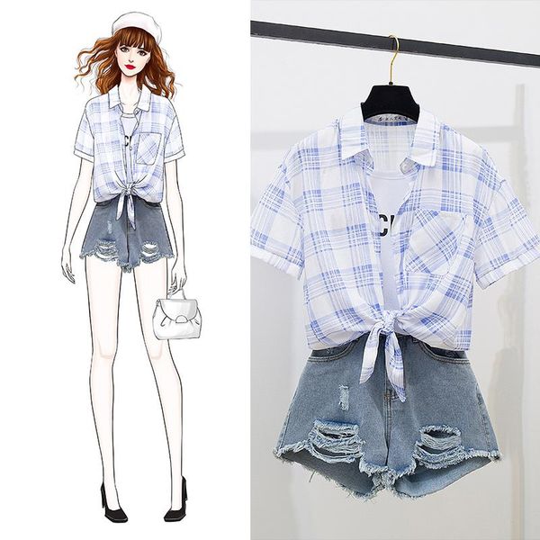 

girls plaid blouse and denim shorts set summer two piece female 2021 korea jean denim shorts hole casual women's clothing sets, Gray