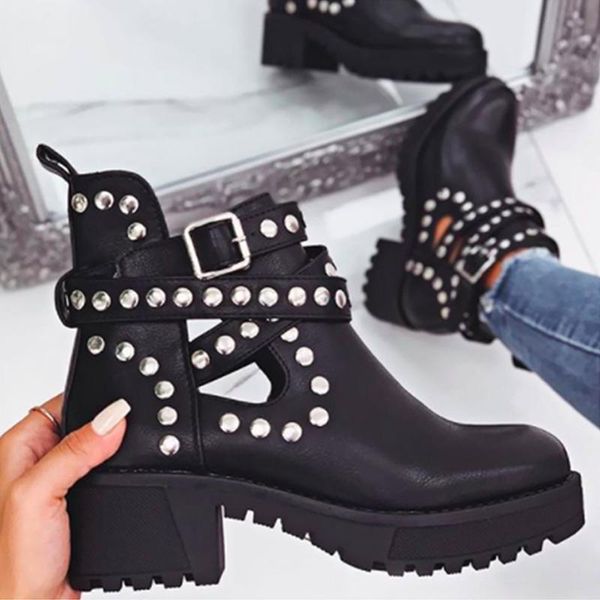 

boots [fvfv]boot women fashion rivet belt buckle ankle for boot student casual shoes 2021 plus size one, Black