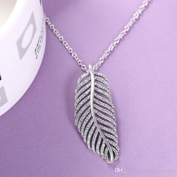 

925 sterling silver flashing light feather crystal pendant chain necklace fashion women gift jewelry for pandora necklace with original box