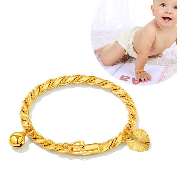 Baby Mädchen Junge Armreifen Armband Gold Farbe Glocken Anhänger Kinder Schmuck Fußkettchen Armreifen Neugeborenen Baby Nette Manschette Armbänder Q0719