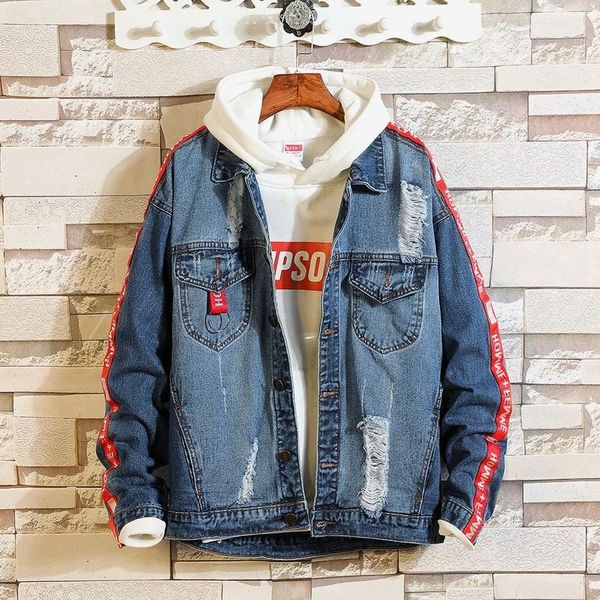 

mens jean jackets and coats holes denim coats new spring autumn men blue holes denim jackets outwear casual, Black;brown