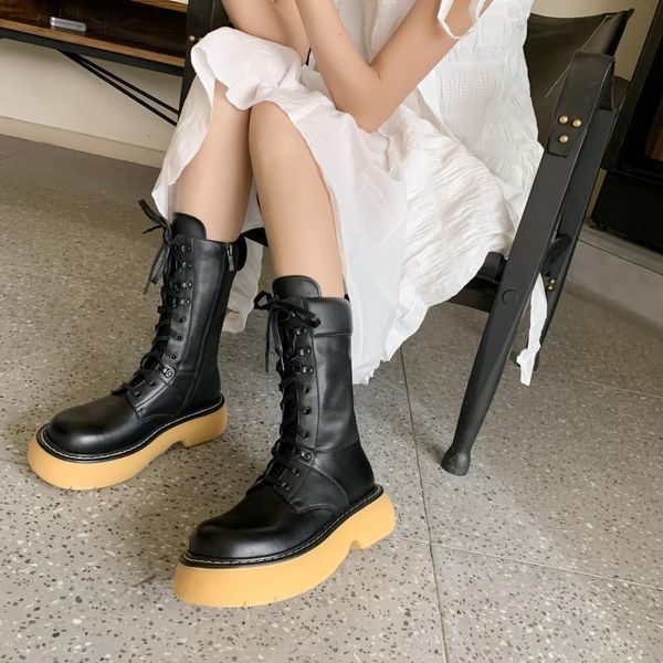 

boots 2021 autumn and winter layer cow trifle bottom round head rider, Black