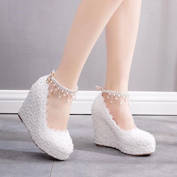 

dress shoes woman wedges wedding pumps sweet white flower lace pearl platform bride high heels, Black