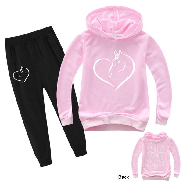

clothing sets 2-14y kids clothes teen girls set cartoon horse print pink hoodies + black pants sport suits children fall outfits, White