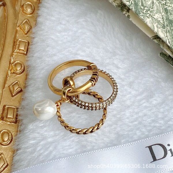 

75% off outlet online family three full pearl letter index finger ring versatile fashion brass material, Silver