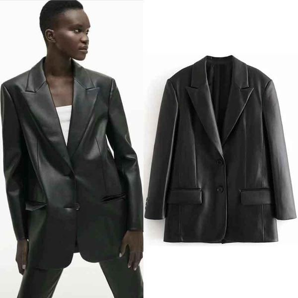 

women's leather & faux autumn womens button front black pu notched blazers jacket casual long sleeve pockets windbreaker coats chic