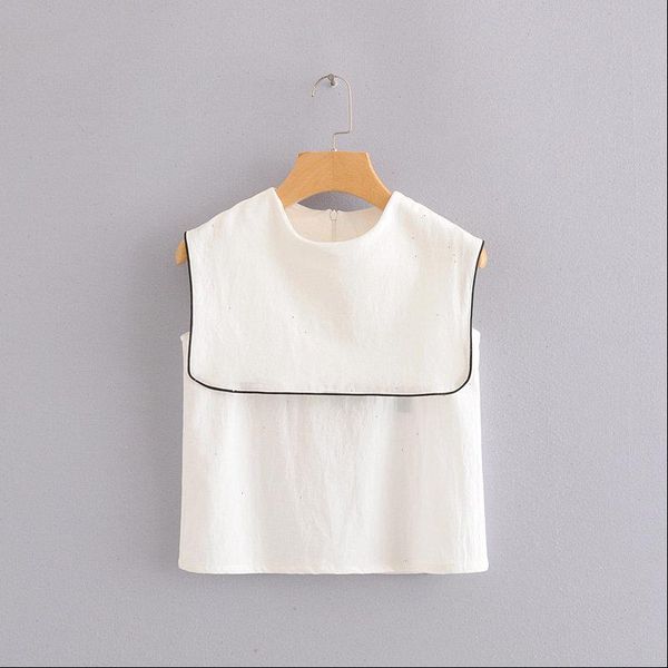

2021 new fashion navy wind women o neck sleeveless contrast edge casual blouses shirts women chic back zipper blusas, White