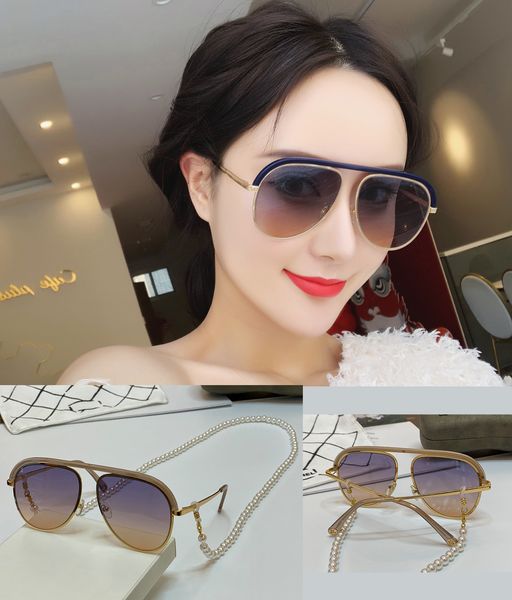 

new designer optical glasses frame big pilot gold-plated vintage style women sunglasses simple and unique lens design wear a pearl chain, Black