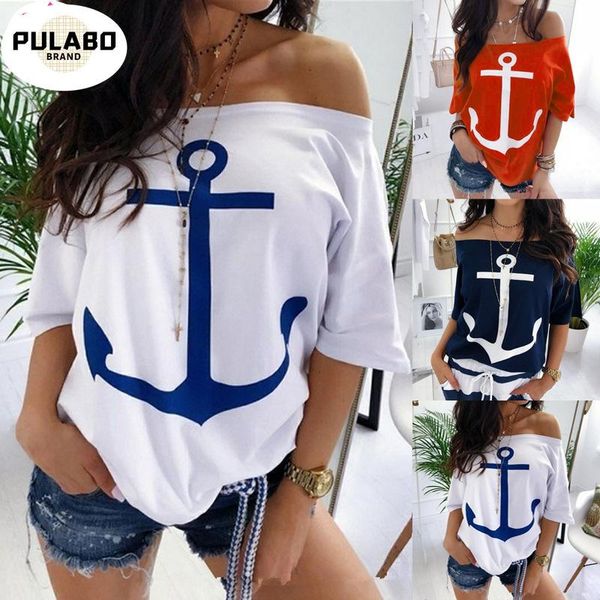 

women's t-shirt plus size women fashion autumn loose strapless bat shirt anchor print tshirt tees ropa mujer, White
