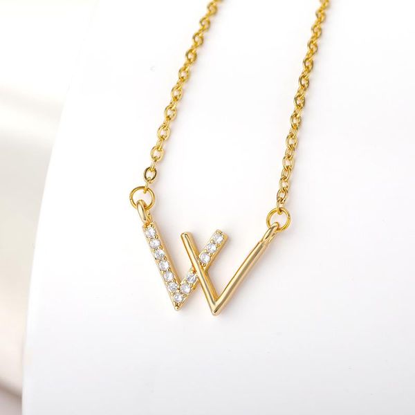 

pendant necklaces trendy fashion letter w for women zircon double v personality clavicle chain jewelry bijoux femme gifts, Silver