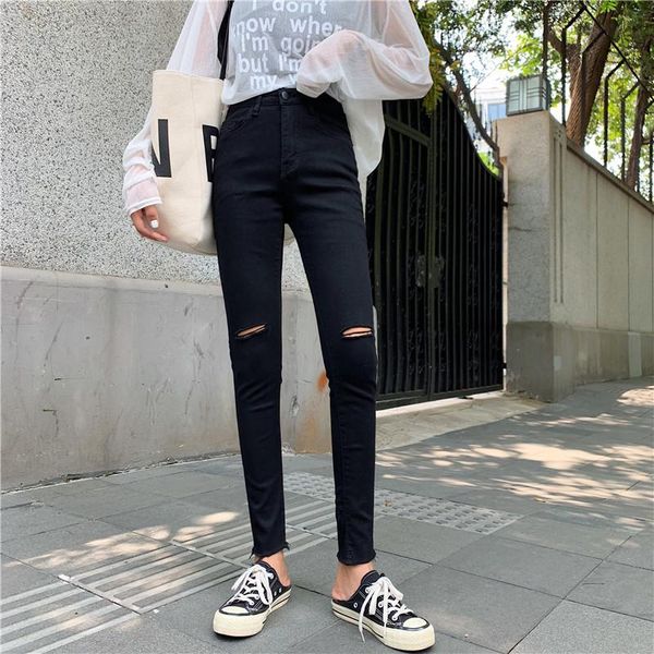 

women's jeans s-xl 2021 autumn skinny pencil black spring vintage high waist ripped denim pants womens (z8771), Blue